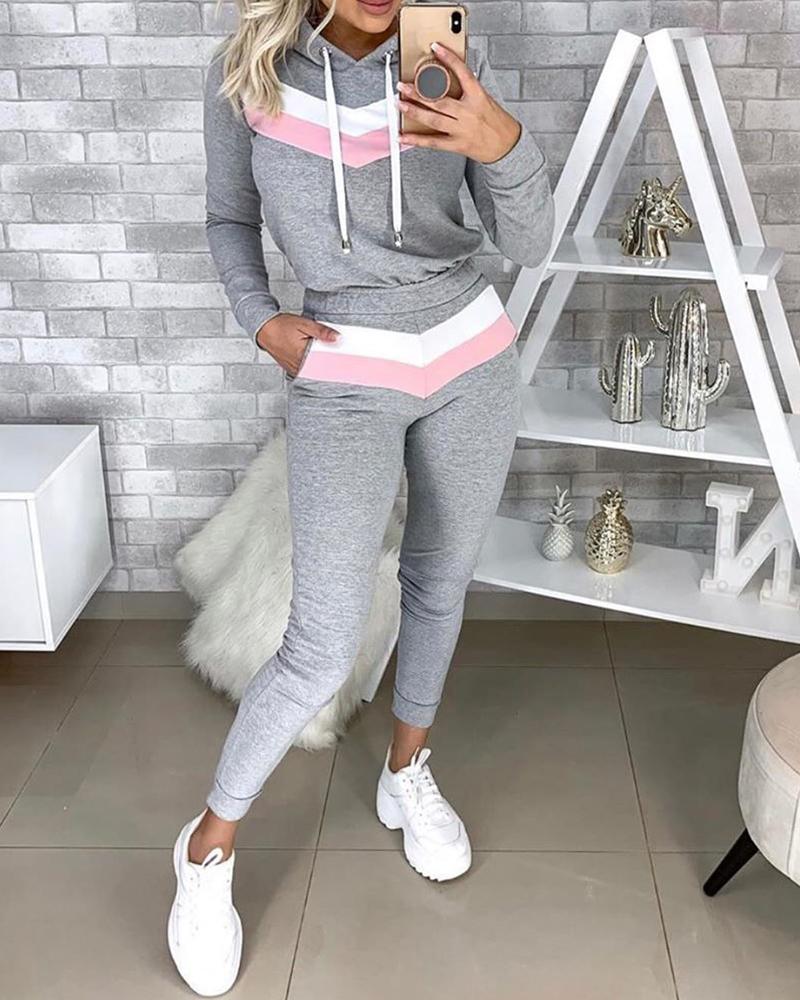 

Colorblock Hooded Women Top & Pocket Design Pants Set, Gray