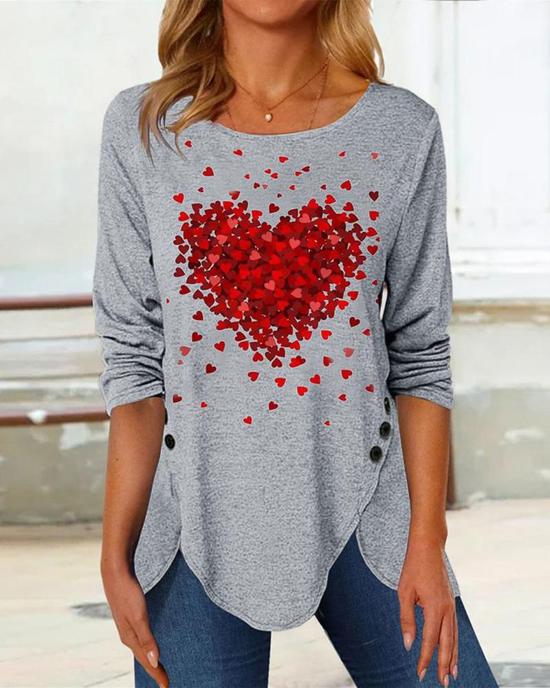 

Valentine' Day Heart Print Button Detail Long Sleeve Top, Gray