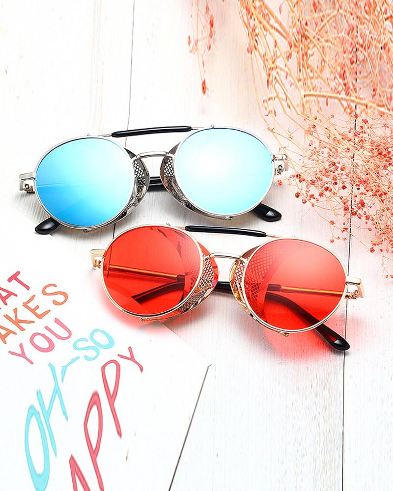 

1Pair Round Metal Frame Tinted Punk Fashion Sunglasses, Red