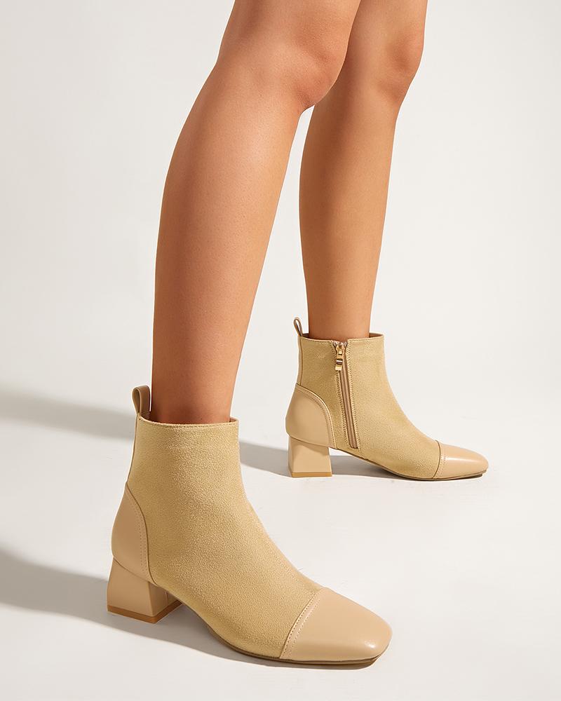 

Womens Square Toe Suede Surface Patchwork Ankle Boots, Apricot
