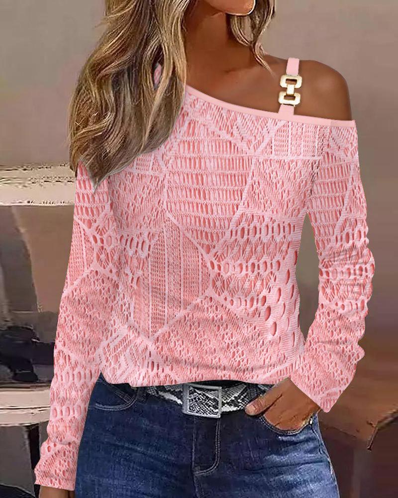 

Chain Decor Hollow Out Lace Top, Pink