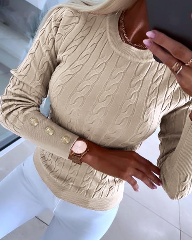 

O-neck Long Sleeve Buttoned Braided Knit Sweater, Khaki