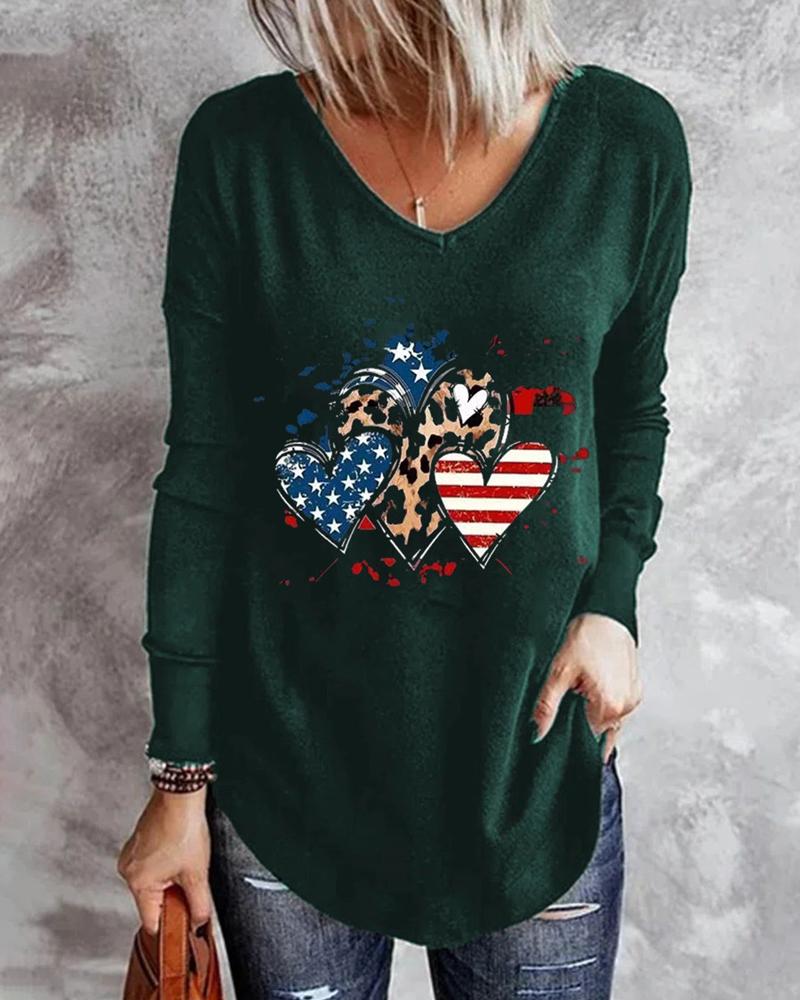 

Flag Pattern Heart Print V-Neck Top, Green