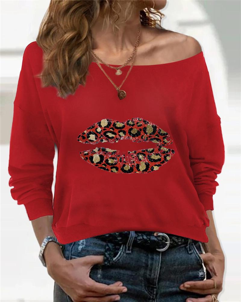 

Leopard Lip Print Long Sleeve Loose T-shirts, Red