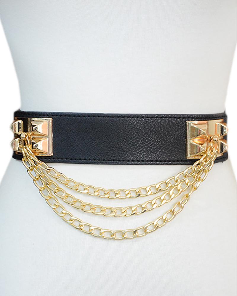 

1PCS Multi Chain Strap Metal Decor PU Leather Wide Belt, Black