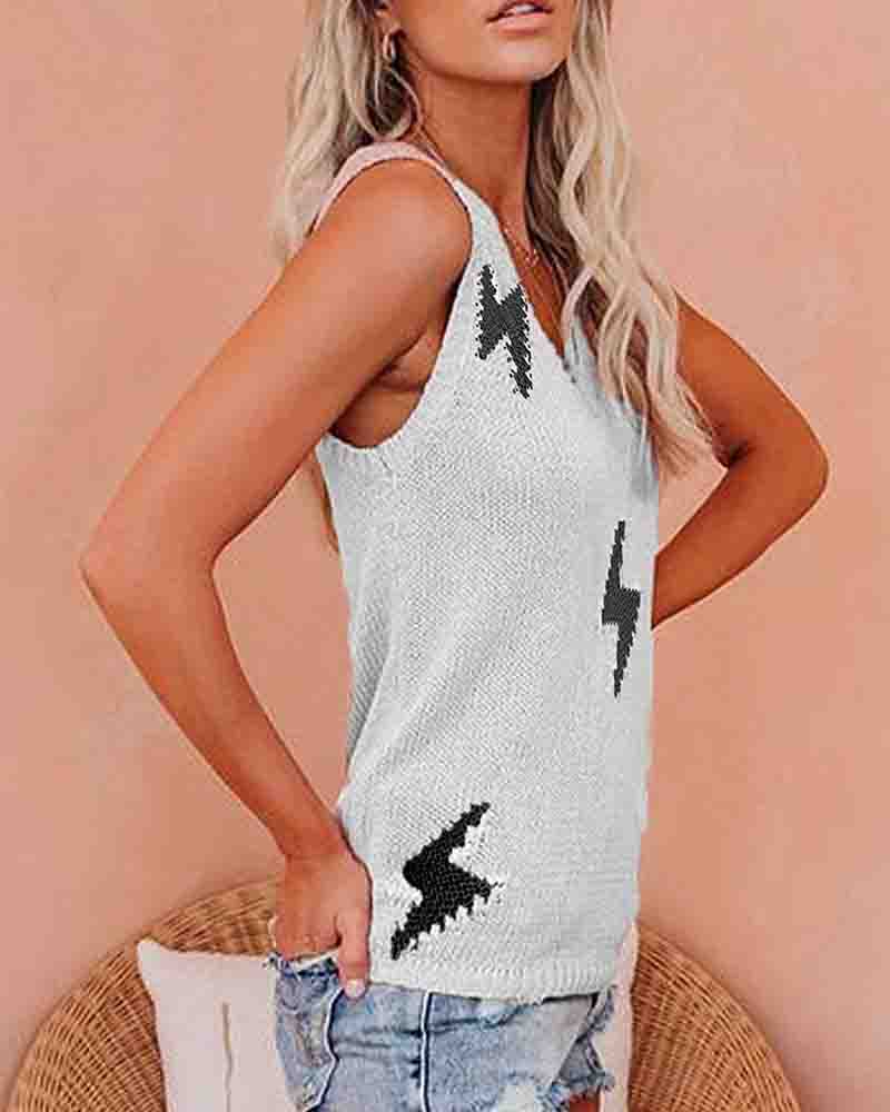 

Thunder Pattern Colorblock V-Neck Knit Tank Top, White