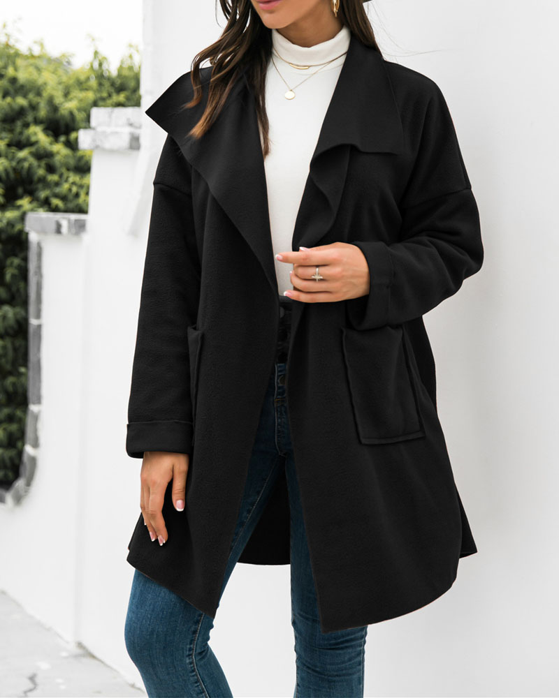 

Long Sleeve Patch Pocket Waterfall Open Front Trench Coat, Black