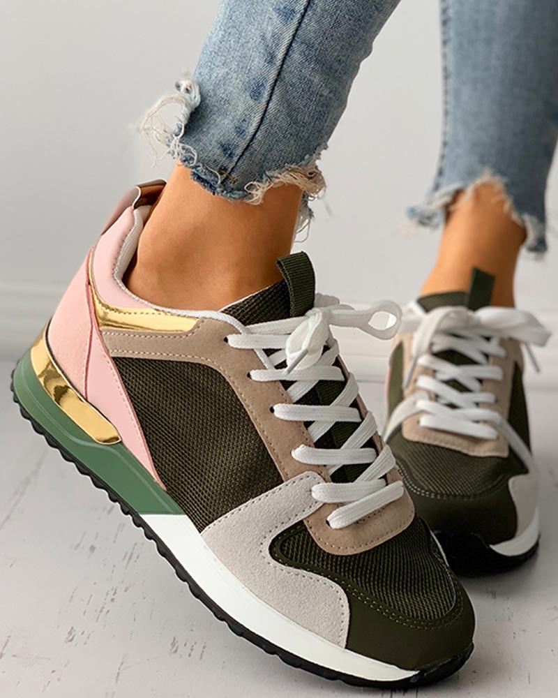 

Colorblock Lace-up Breathable Casual Sneaker, Army green
