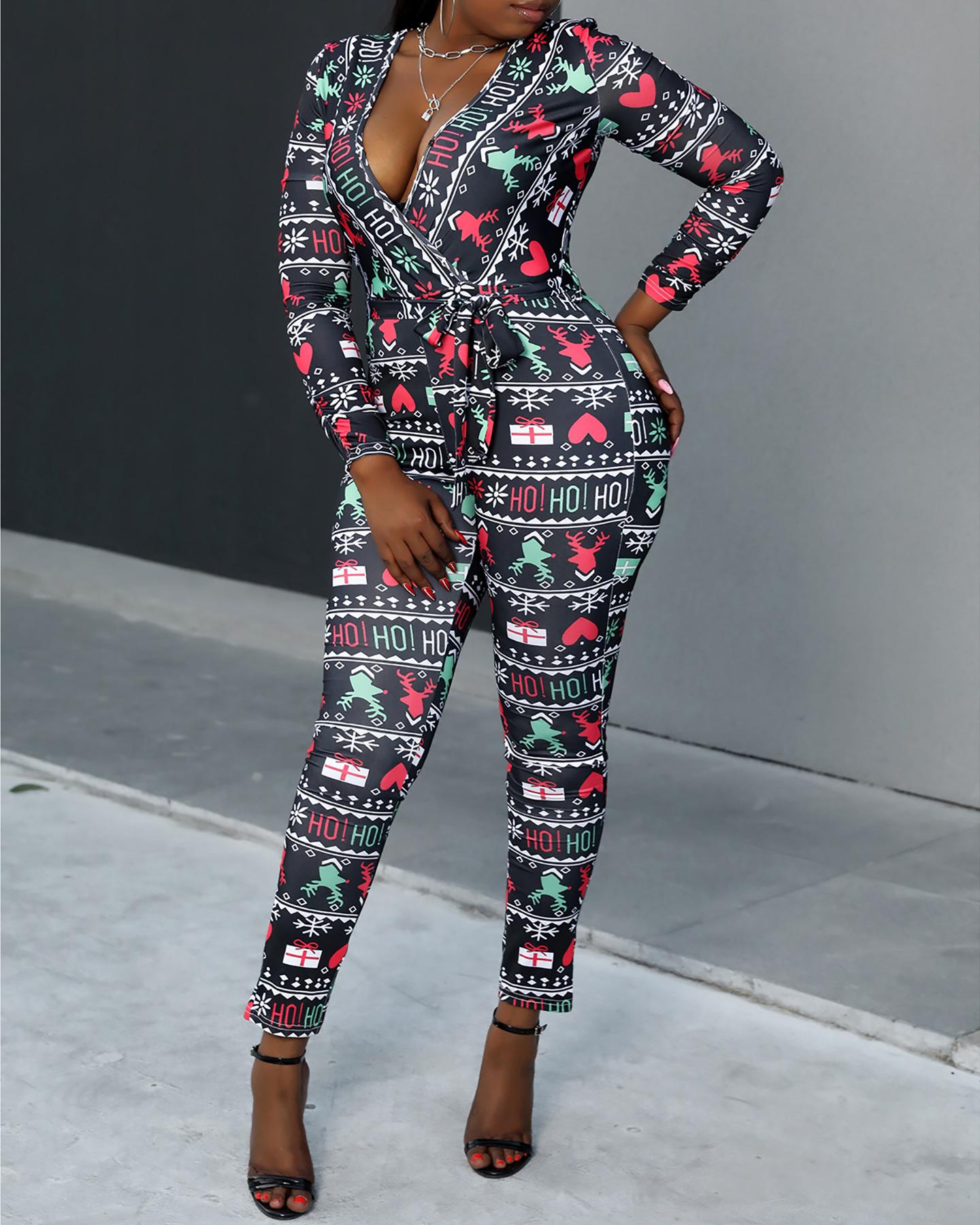 

Christmas Mixed Print Plunge Long Sleeve Jumpsuit, Black