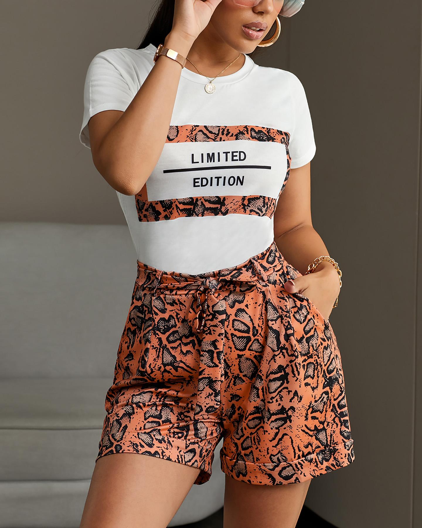 

Letter Short Sleeve Tee With Snakeskin Shorts Sets, Orange