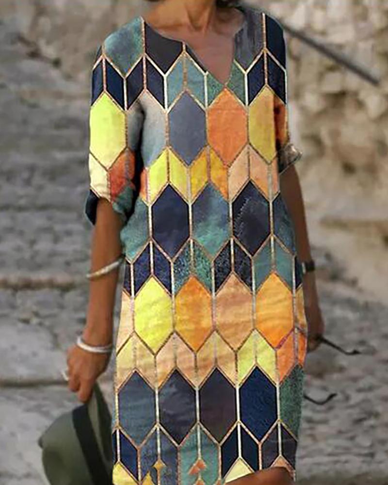 

Knee Length Half Sleeve Shift Dress Geo Print Colorblock Casual Dress, Yellow