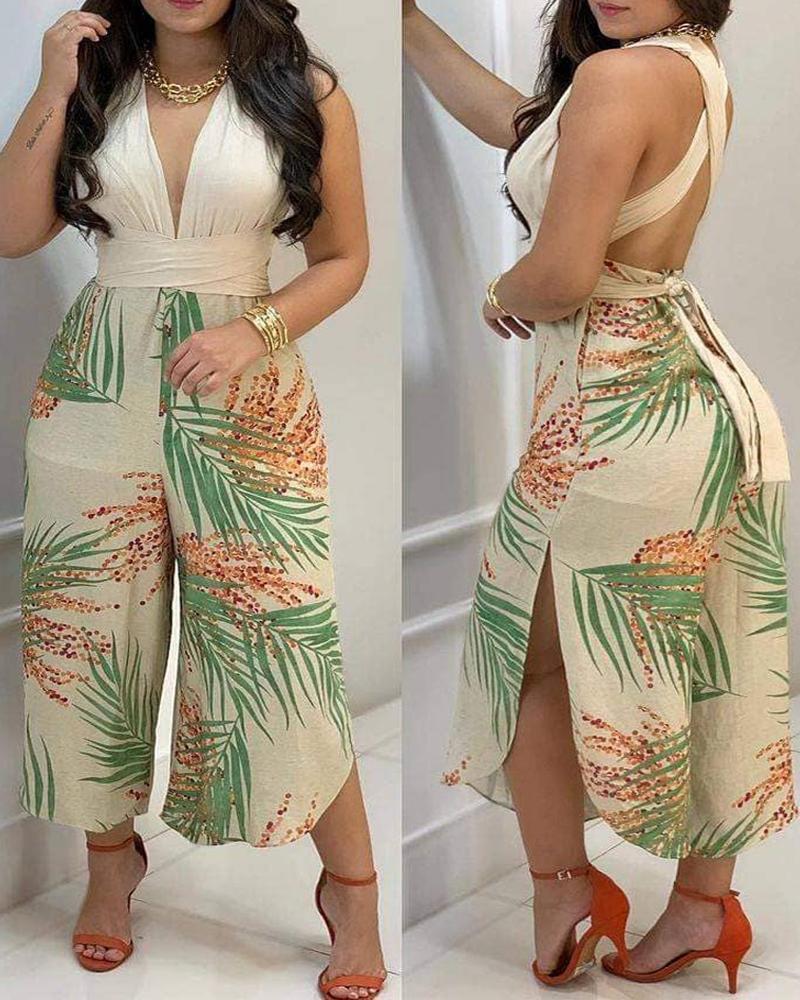 

Crisscross Backless Top & Tropical Print Wide Leg Pants Set, Beige