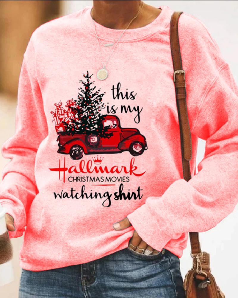 

Christmas Letter Car Print Long Sleeve Casual Sweatshirt, Pink