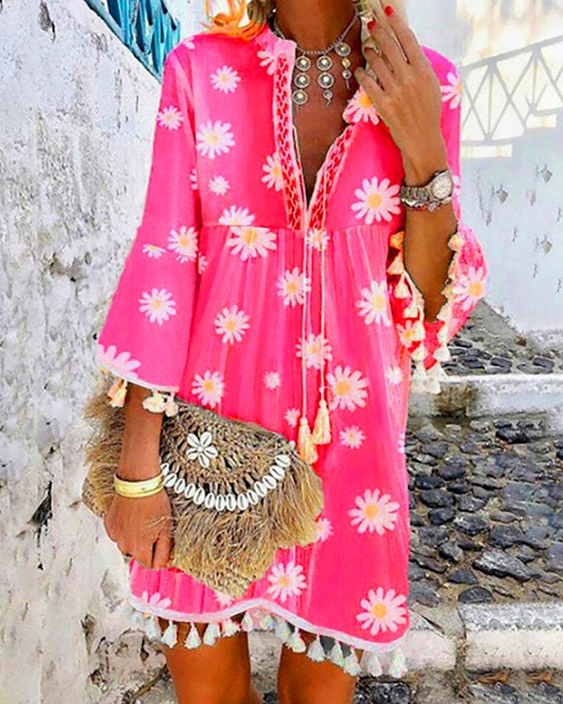 

Daisy Print Tassel Design Casual Dress, Pink