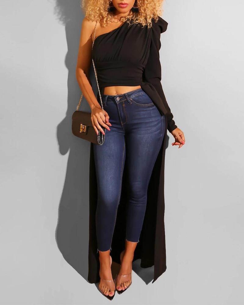 

One Shoulder Ruched Longline Top, Black