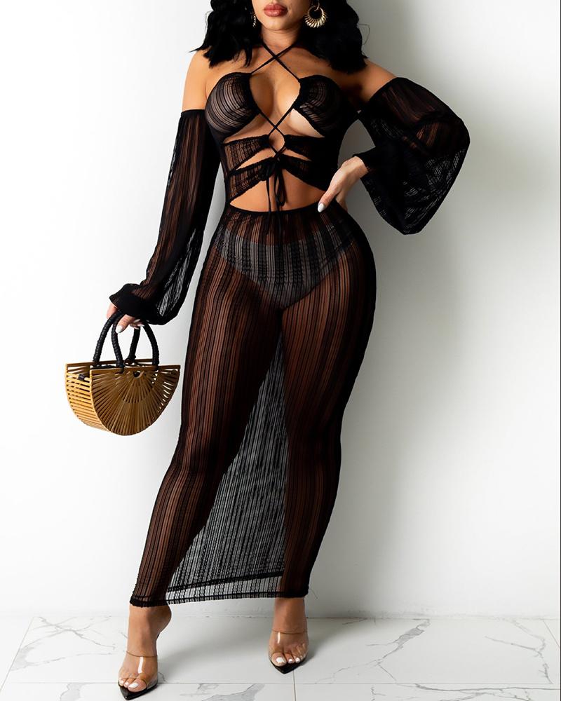 

Off Shoulder Lace Up Cutout Skinny Cover Up Dress, Black