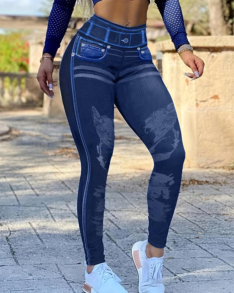 

Women's Leggings Faux Denim Printed High Waist Butt Lift Active Pants, Blue