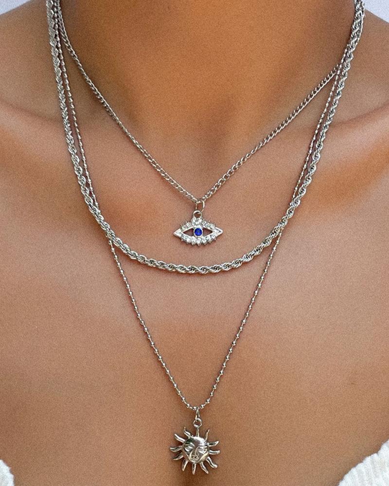 

3pcs Sun Evil Eye Pendant Rhinestone Chain Necklace, Silver