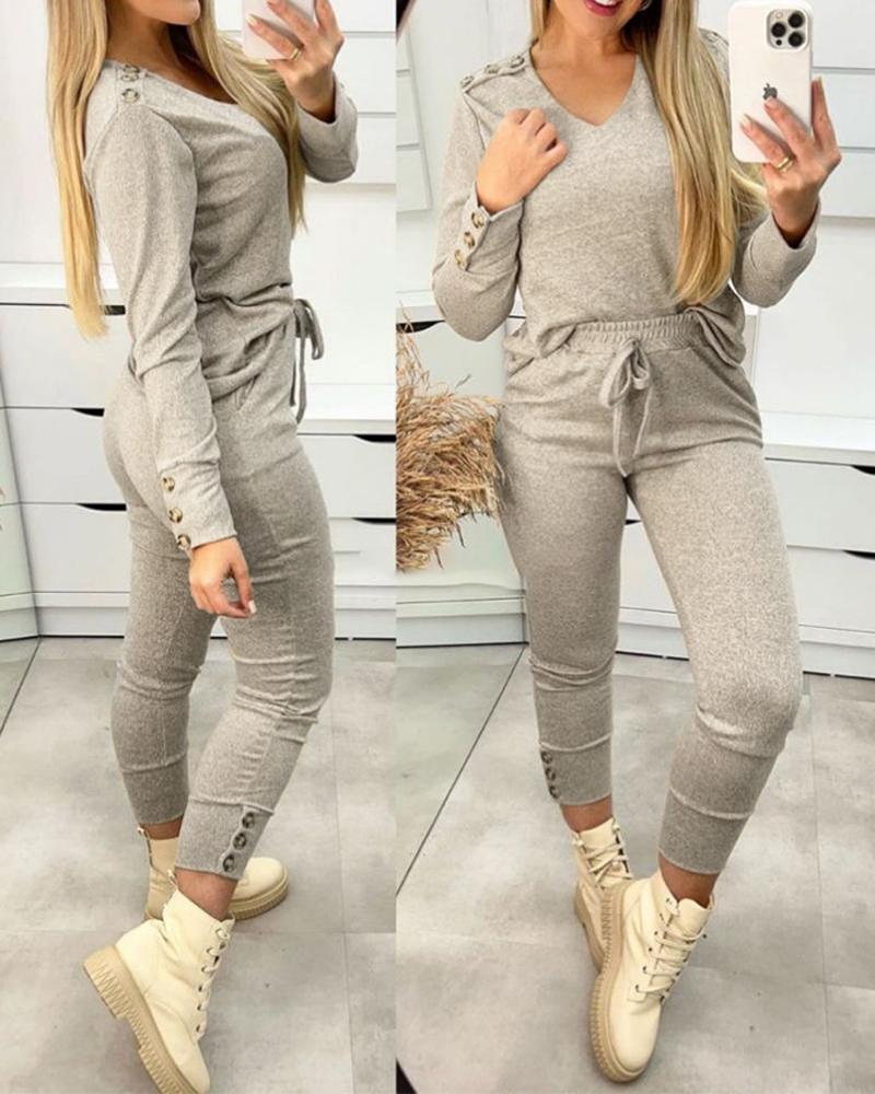 V-Neck Buttoned Top & Drawstring Pants Set