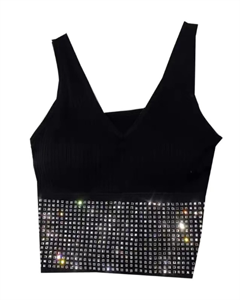 

Sleeveless Studded V Neck Skinny Crop Top, Black