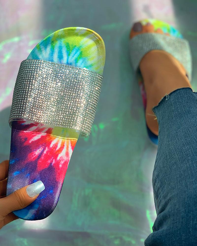 

Studded Tie Dye Open Toe Flat Sandals, Lighted blue