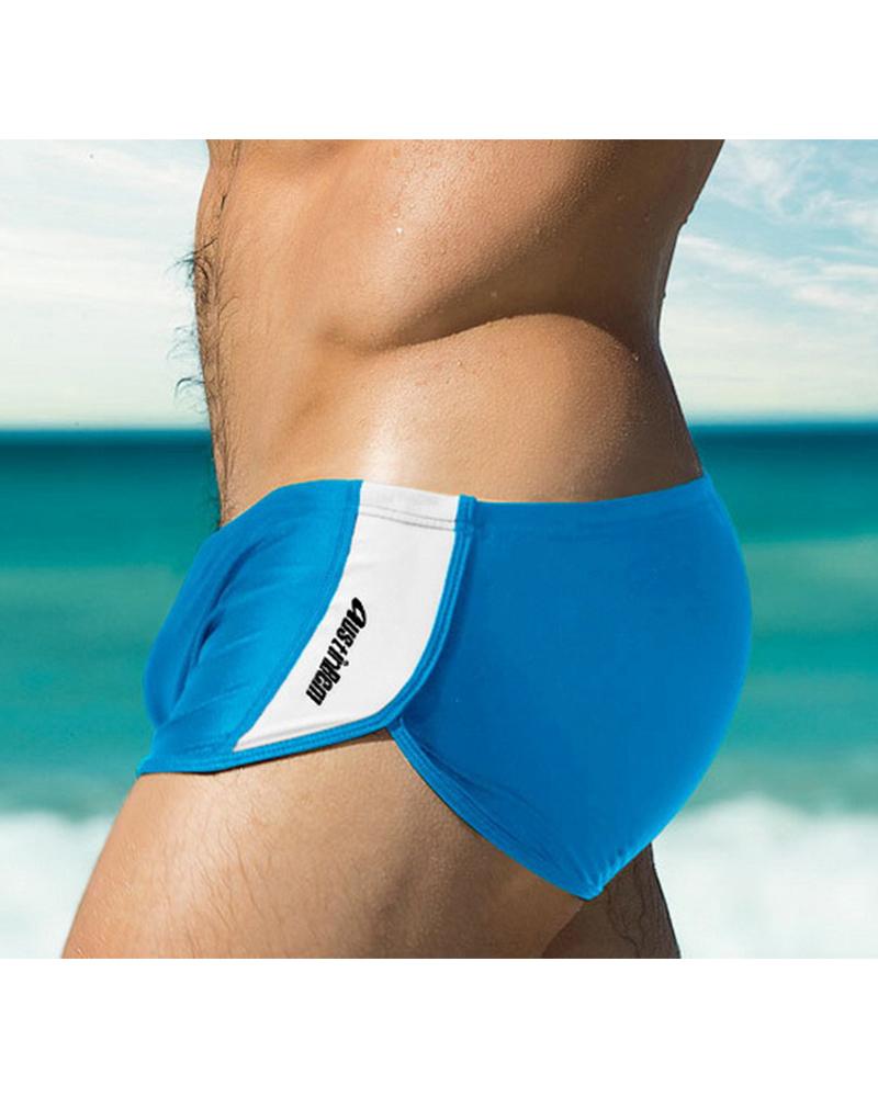 

Color Block Splicing Letter Low Waist Skinny Swim Underpants, Blue