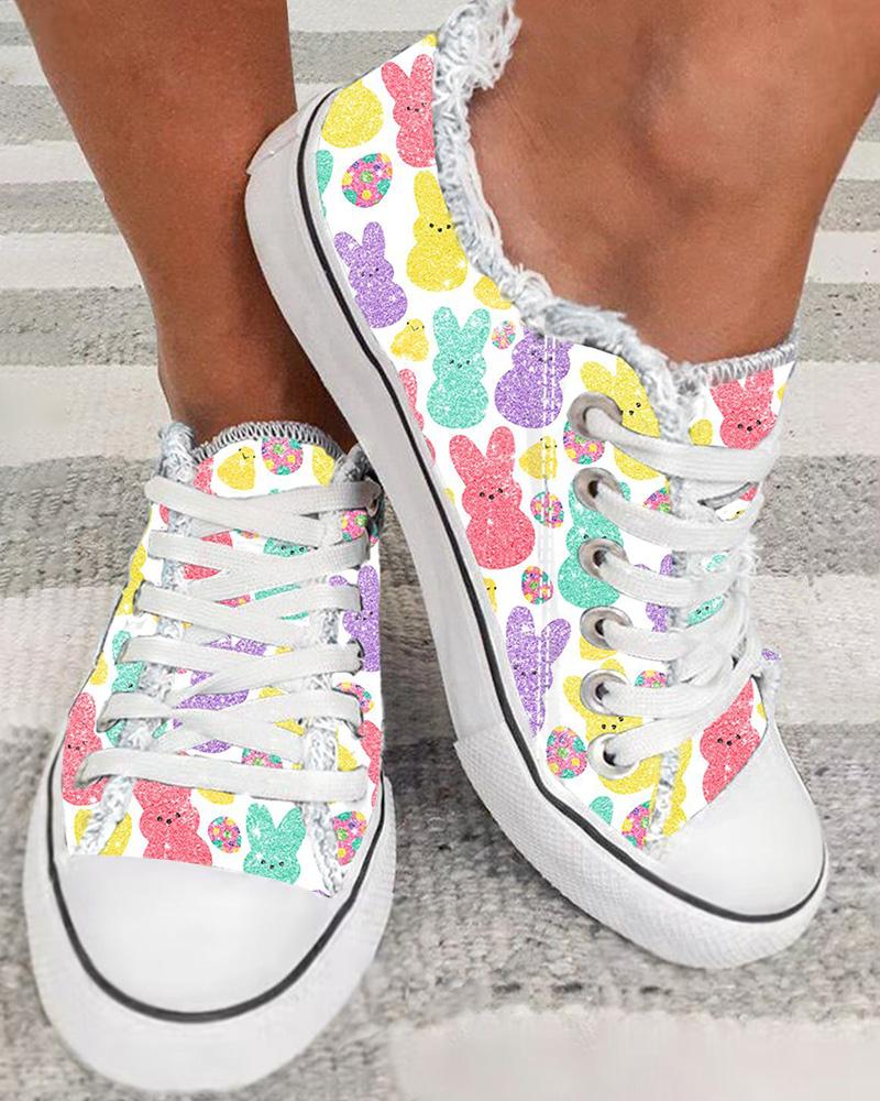 

Easter Sweet Bunny Egg Print Fringe Hem Canvas Sneakers, Multicolor