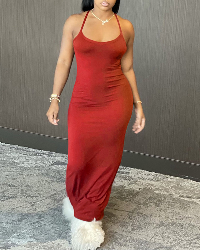 

Halter Plain Sleeveless Maxi Dress, Wine red