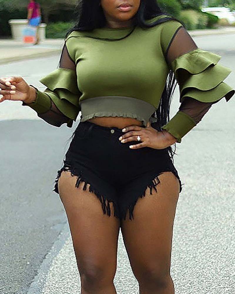 

Sheer Mesh Patch Layered Ruffles Top, Green
