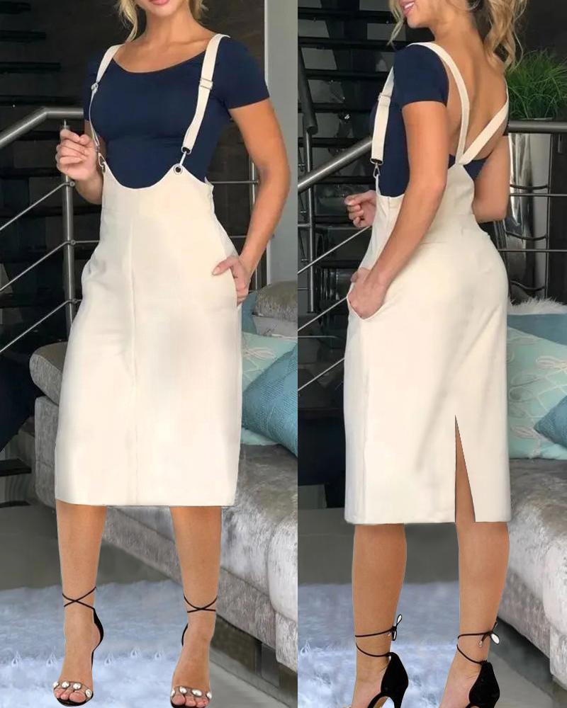 

Pocket Design Backless Slit Casual Suspender Dress, Beige