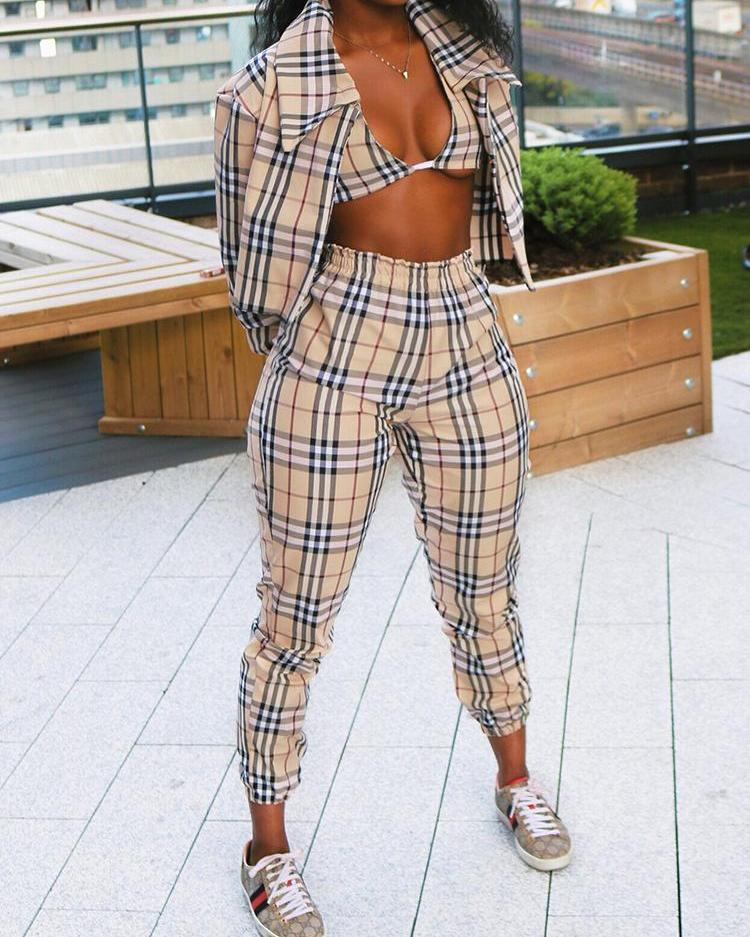 

3PCS Plaid Print Bra Top & Jacket & Pants Sets, Khaki