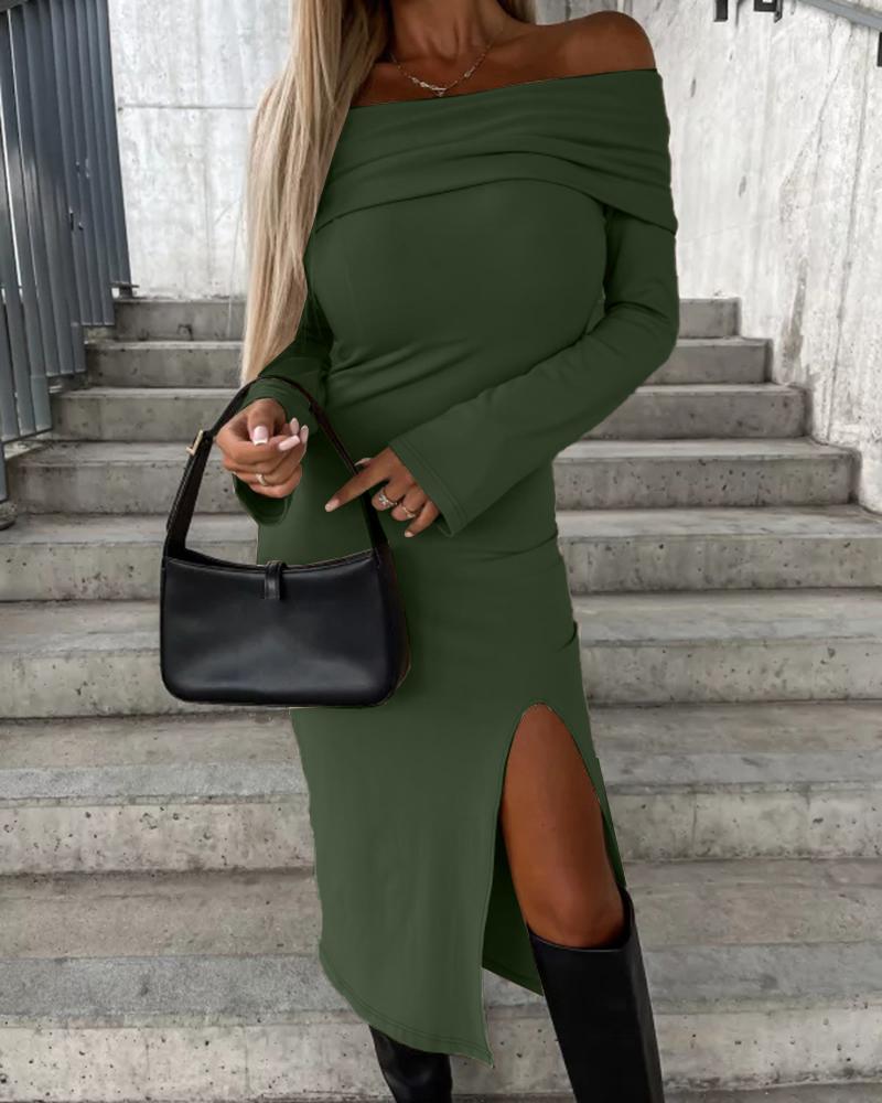 

Off Shoulder Long Sleeve Slit Midi Dress, Army green