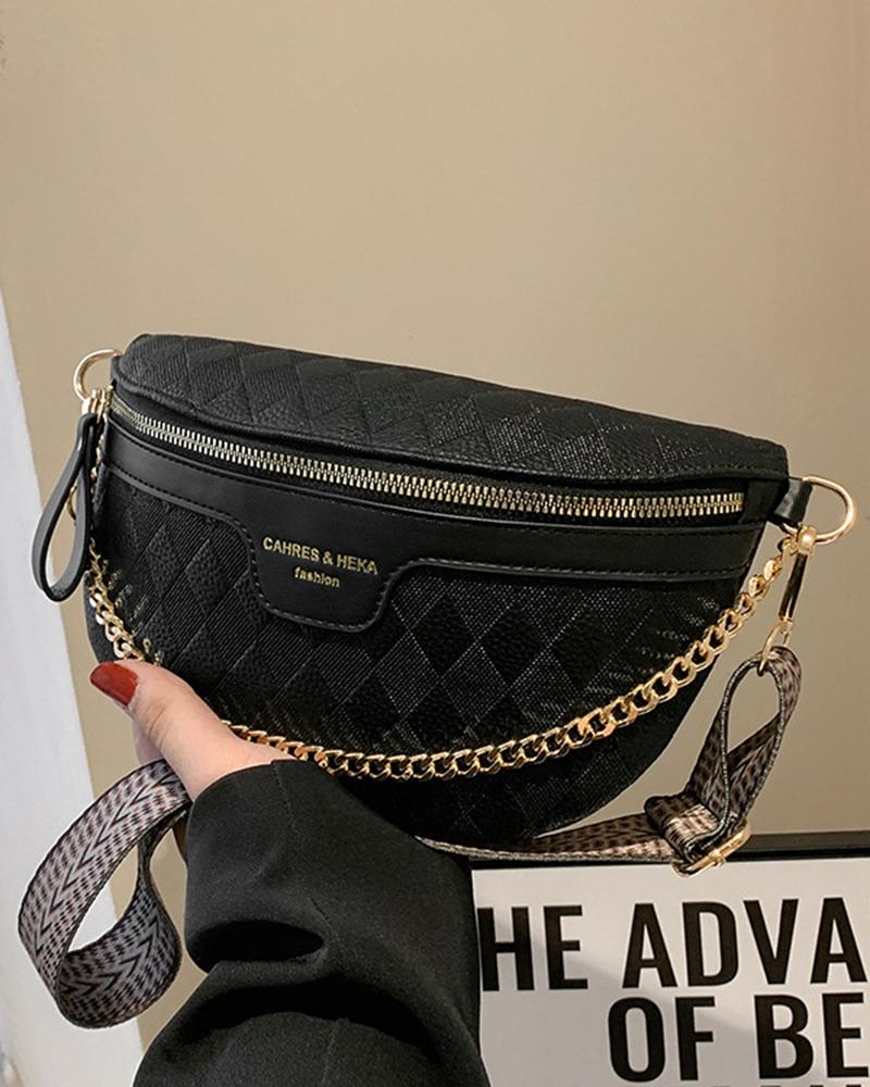 

Argyle Chain Decor Wide Strap Shoulder Bag, Black