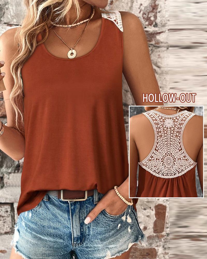 

Hollow-out Ruched Lace Patch Tank Top, Brown