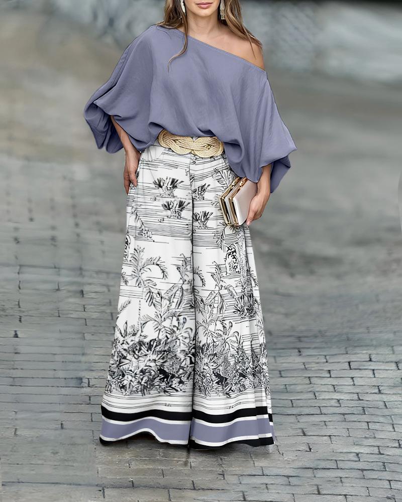 

Ensemble 2 pièces : haut ample à col asymétrique et manches chauve-souris, imprimé végétal, fermeture éclair, pantalon large à rayures colorées (sans ceinture)., Gray