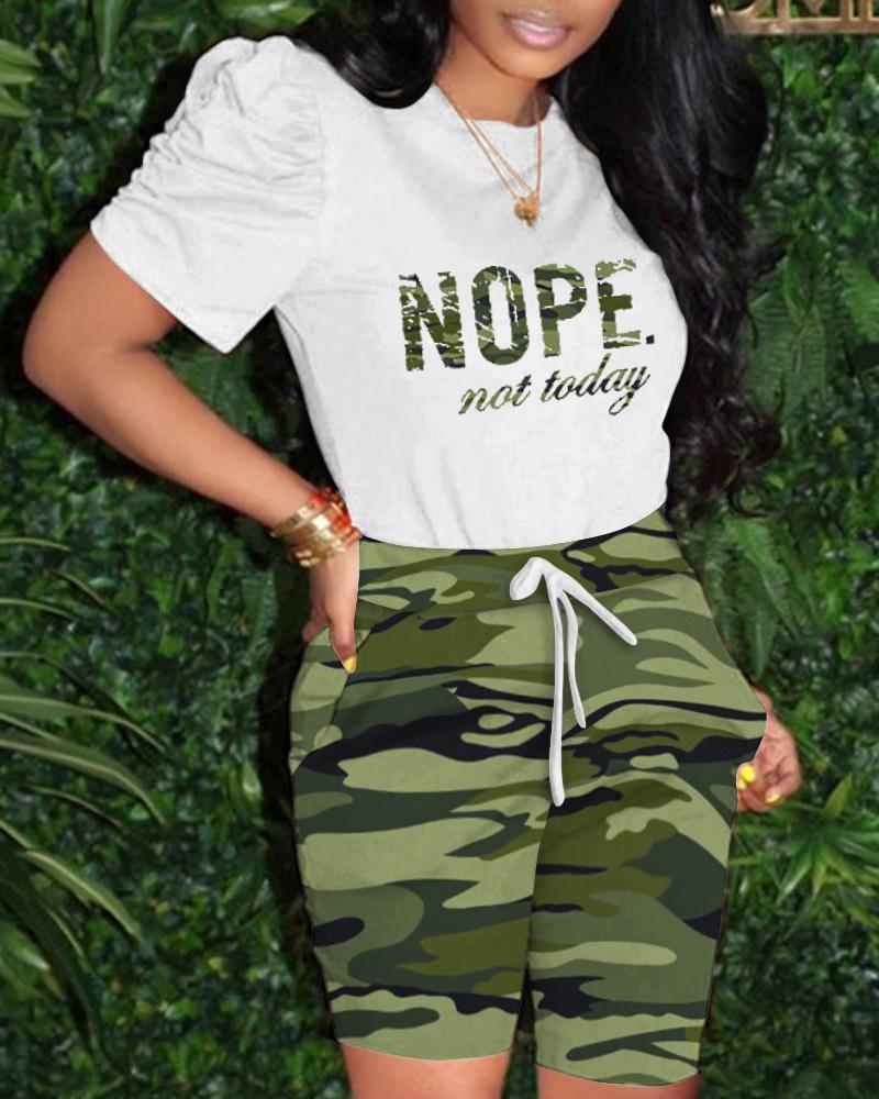 

Nope Not Today Camouflage Print Puff Sleeve Top & Drawstring Shorts Set, Camoflage