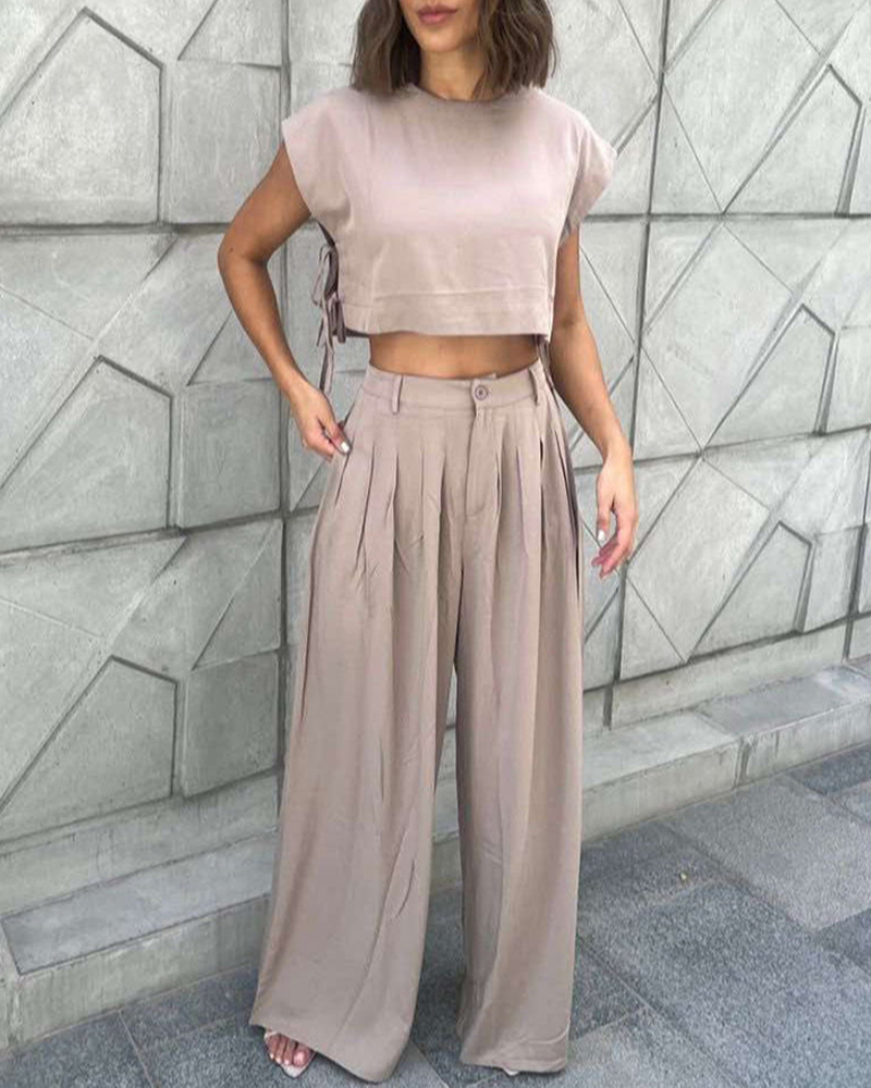 

2 Pieces Outfit Round Neck Short Sleeve Side Lace Up Top and Casual High Waist Wide Leg Pants Set, Coffee
