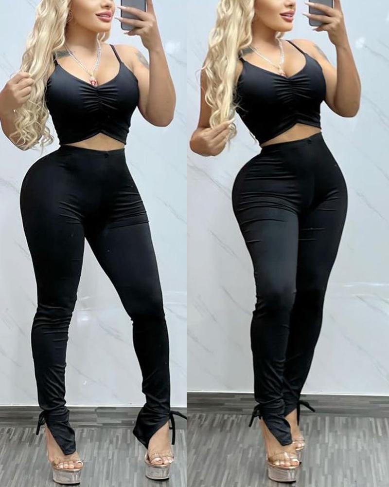 

Ruched Cami Top & Skinny Pants Set, Black