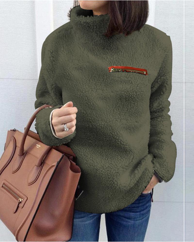 

Zipper Detail High Neck Teddy Sweatshirt, Green