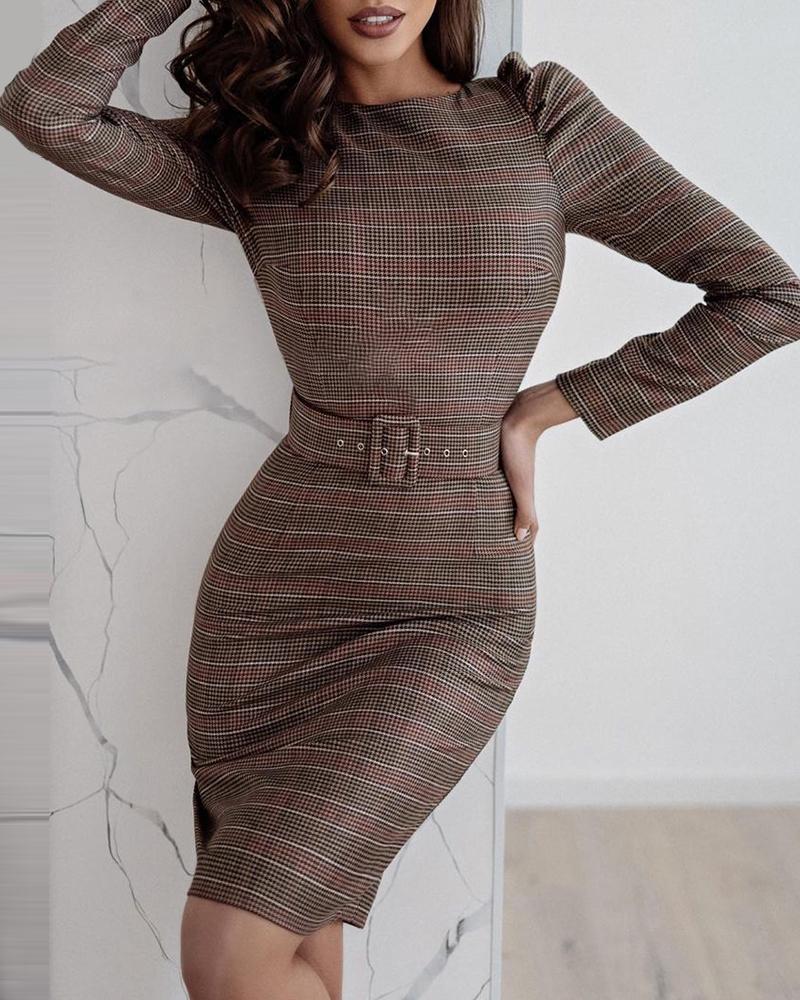 

Plaid Print Long Sleeve O Neck Work Dress, Coffee