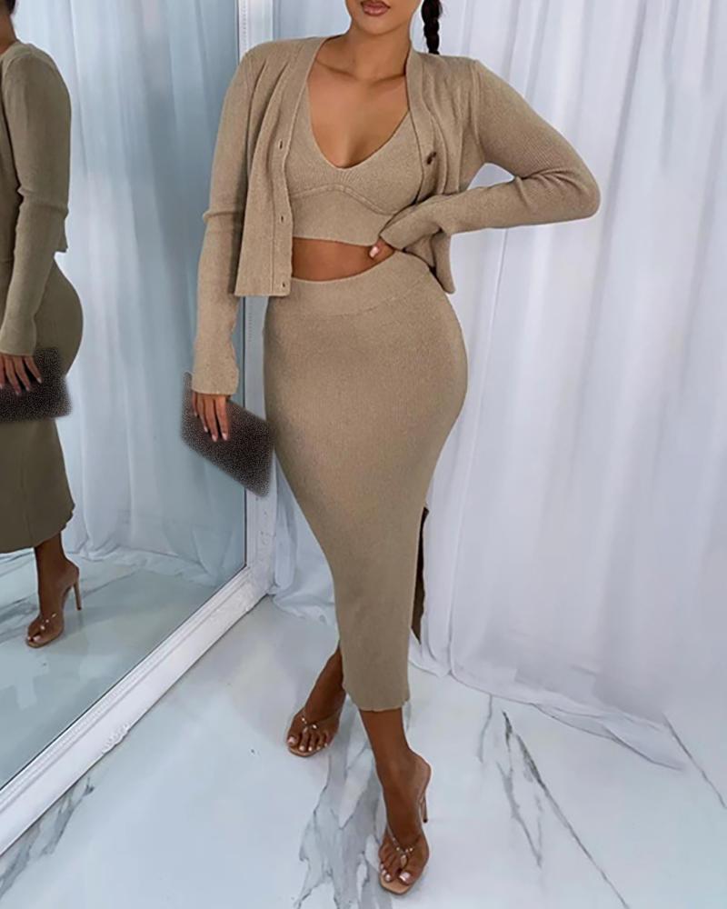 

Crop Top & High Slit Midi Skirt & Cardigan Set, Khaki