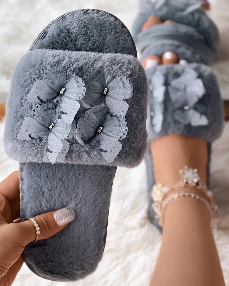 

Butterfly Pattern Fuzzy Slippers, Gray