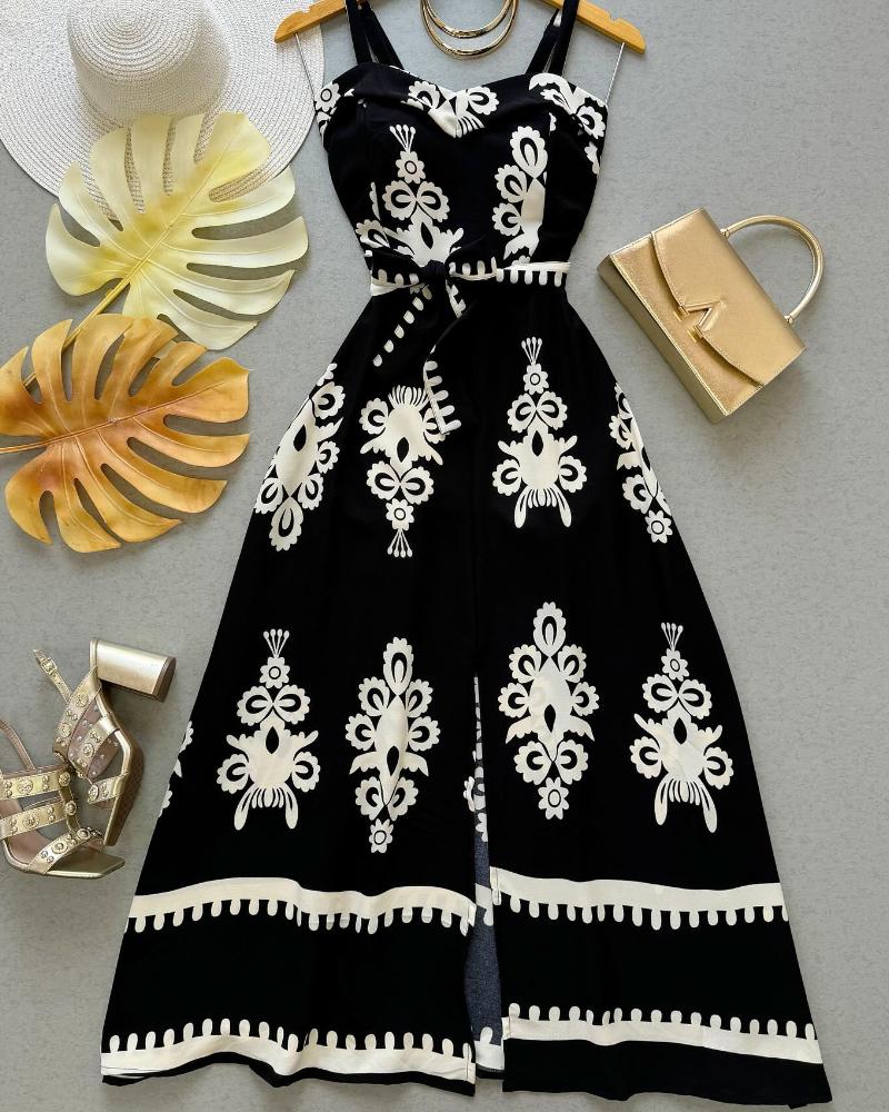 

Robe de vacances décontractée à imprimé floral, bandeau, sans manches, détail noué, robe mi-longue fendue, Black