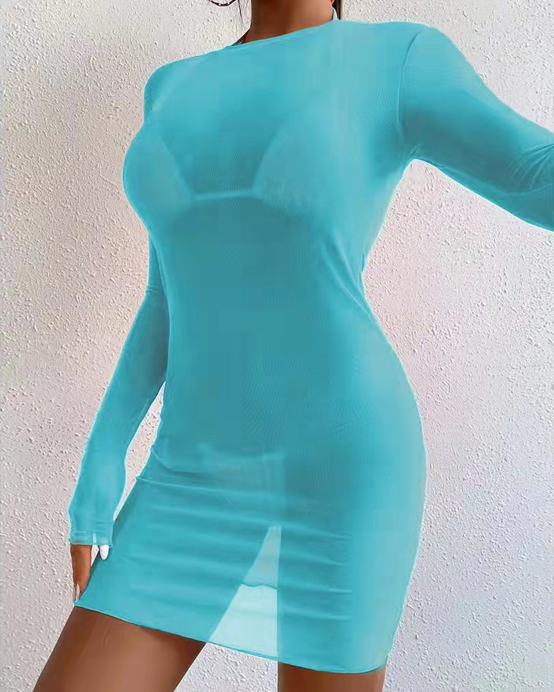 

3PCS Halter Bikini Set With Sheer Mesh Cover Up, Blue
