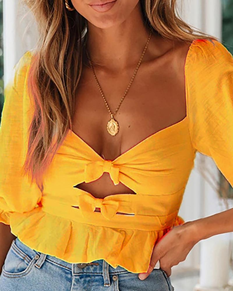 

Lantern Sleeve Ruffles Cut Out Blouse, Yellow