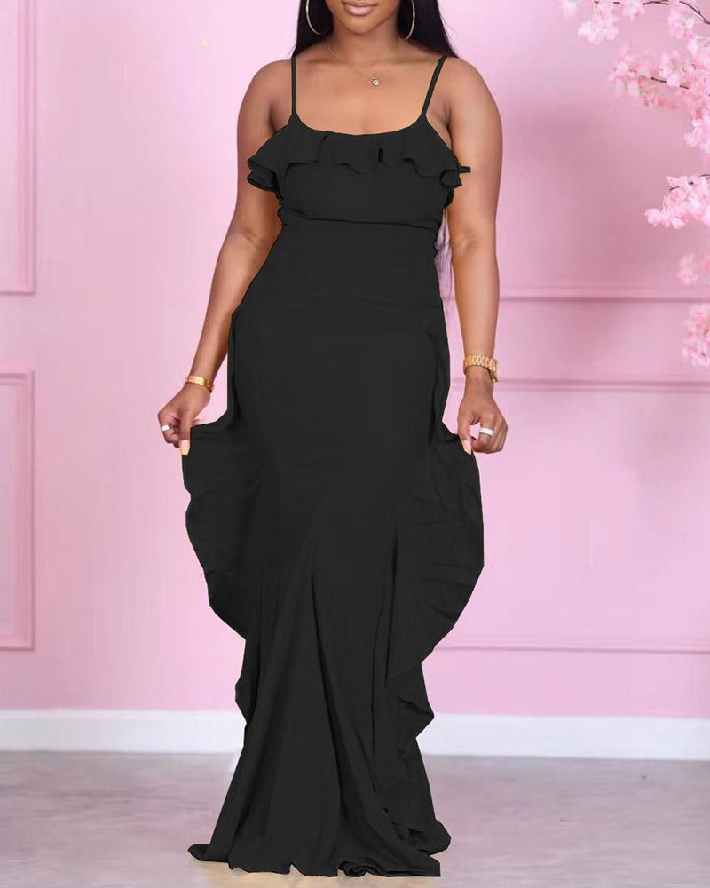 

Spaghetti Strap Ruffles Trim Maxi Dress, Black