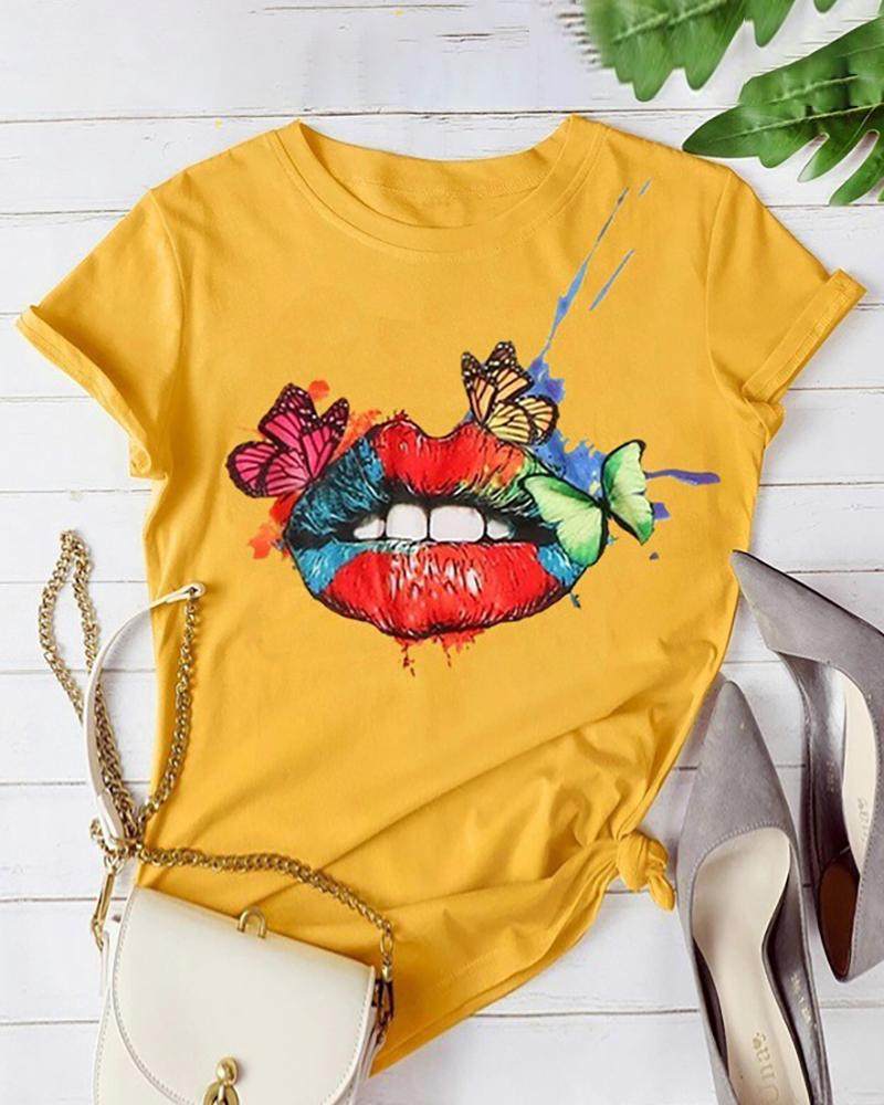 

Lip Butterfly Print Short Sleeve Casual T-shirt, Yellow