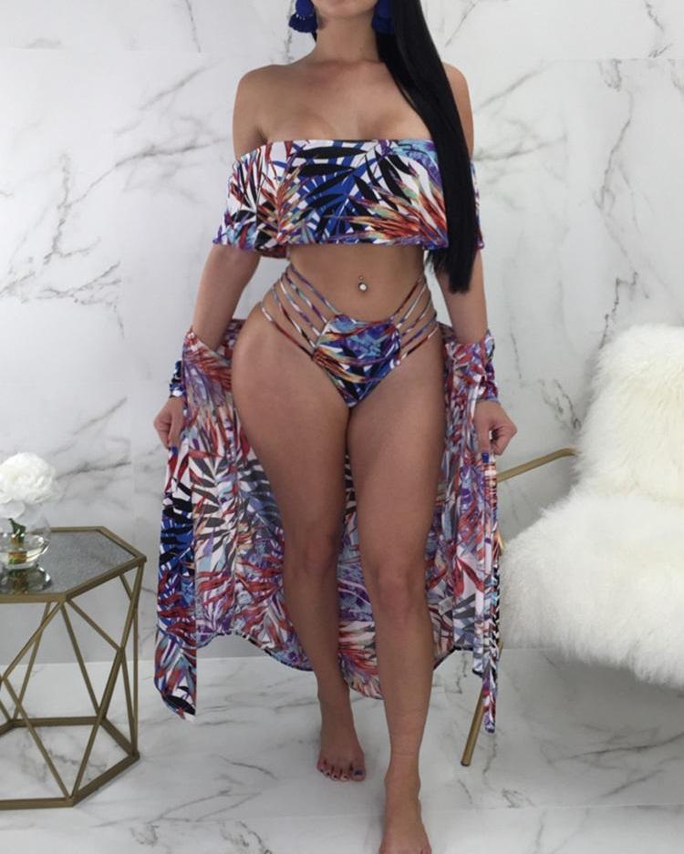 

Leaf Print Bikini&Cover Ups Swimsuit Sets, Blue