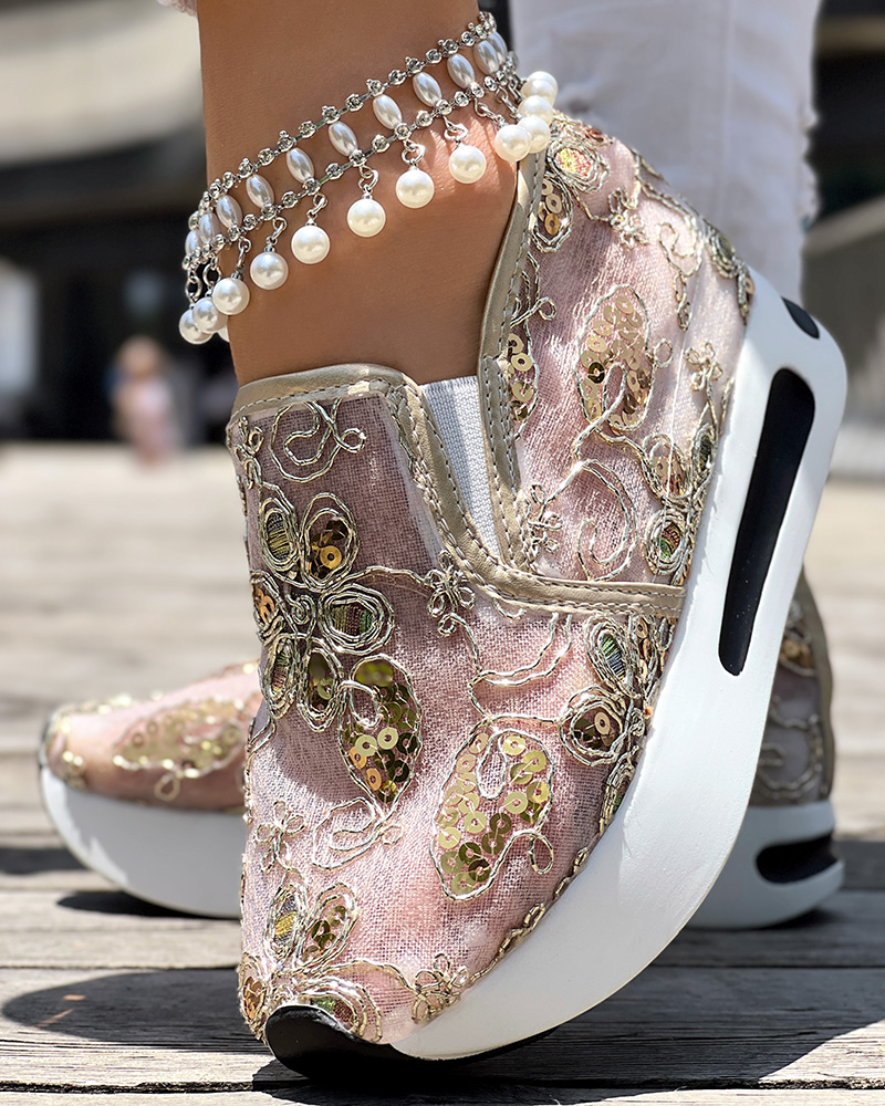 

Casual Peep Toe Elastic Strap Slope Heel Sneaker, Gold