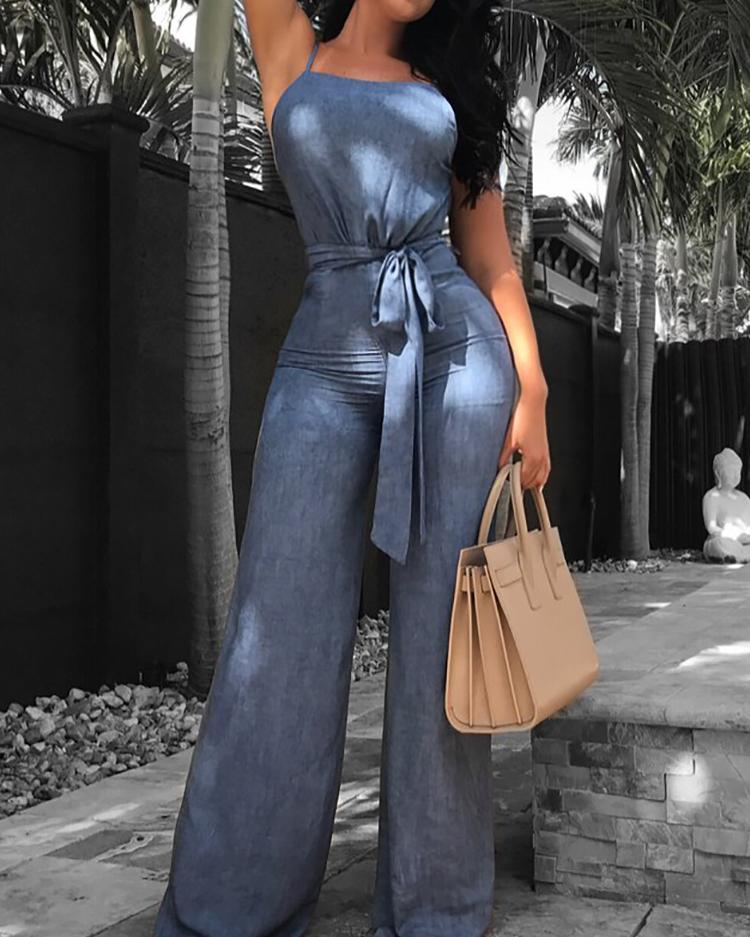 

Open Back Belted Wide Leg Denim Jumpsuit, Blue
